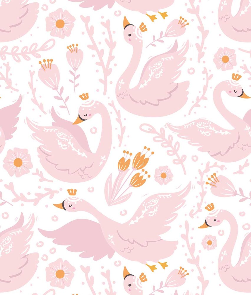 Kinderbehang Enchanting Swan Paradise, roze, afwasbaar Kinderbehang Enchanting Swan Paradise, roze, afwasbaar