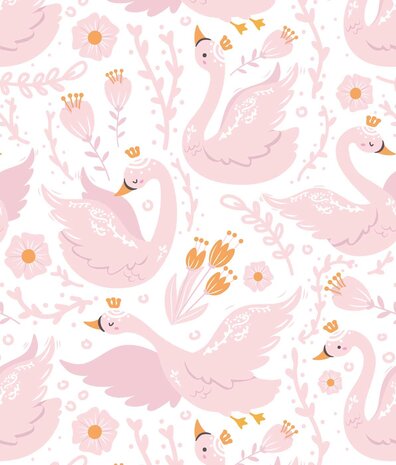 Kinderbehang Enchanting Swan Paradise, roze, afwasbaar Kinderbehang Enchanting Swan Paradise, roze, afwasbaar