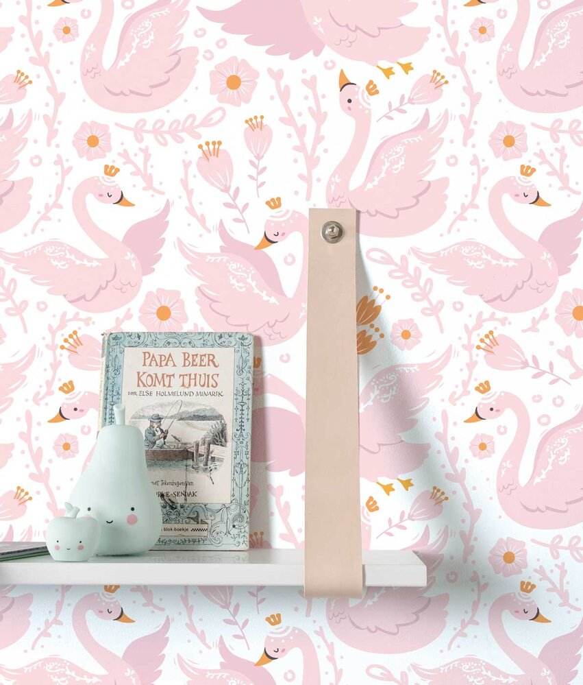 Kinderbehang Enchanting Swan Paradise, roze, afwasbaar Kinderbehang Enchanting Swan Paradise, roze, afwasbaar
