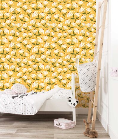 Kinderbehang Sunny Daisy Delight, geel, afwasbaar Kinderbehang Sunny Daisy Delight, geel, afwasbaar