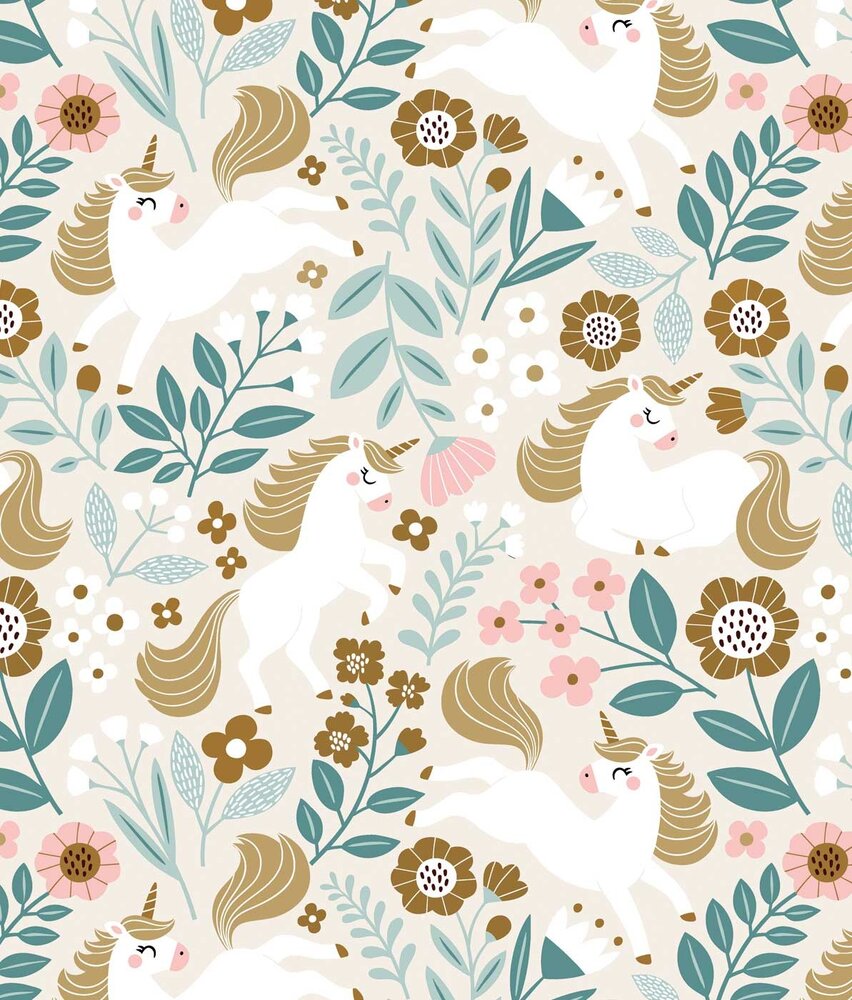 Kinderbehang Enchanting Unicorn Dreams, beige, afwasbaar Kinderbehang Enchanting Unicorn Dreams, beige, afwasbaar