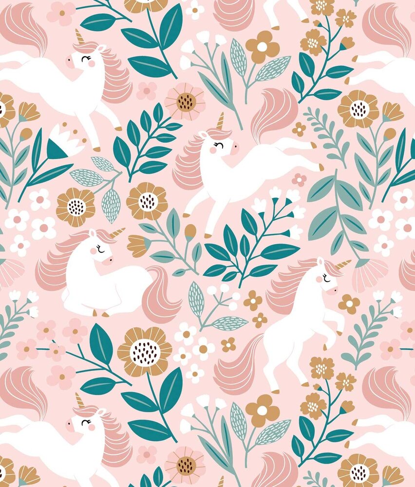Kinderbehang Enchanting Unicorn Dreams, roze, afwasbaar Kinderbehang Enchanting Unicorn Dreams, roze, afwasbaar