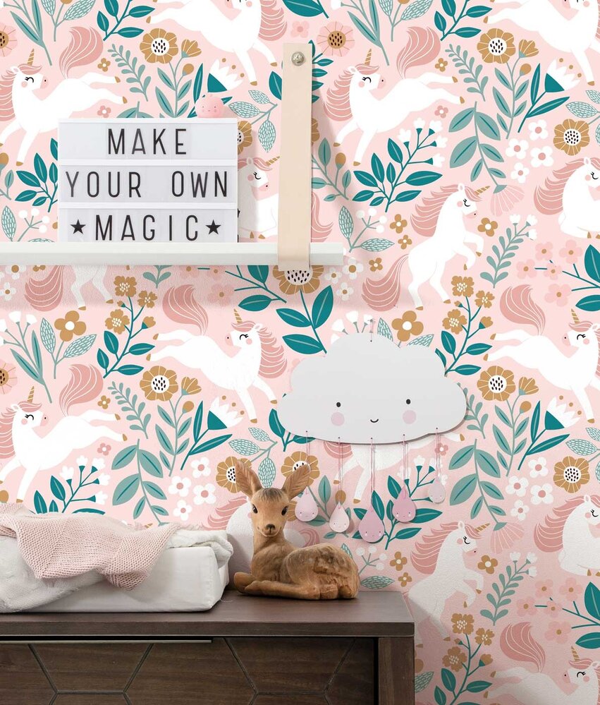 Kinderbehang Enchanting Unicorn Dreams, roze, afwasbaar Kinderbehang Enchanting Unicorn Dreams, roze, afwasbaar