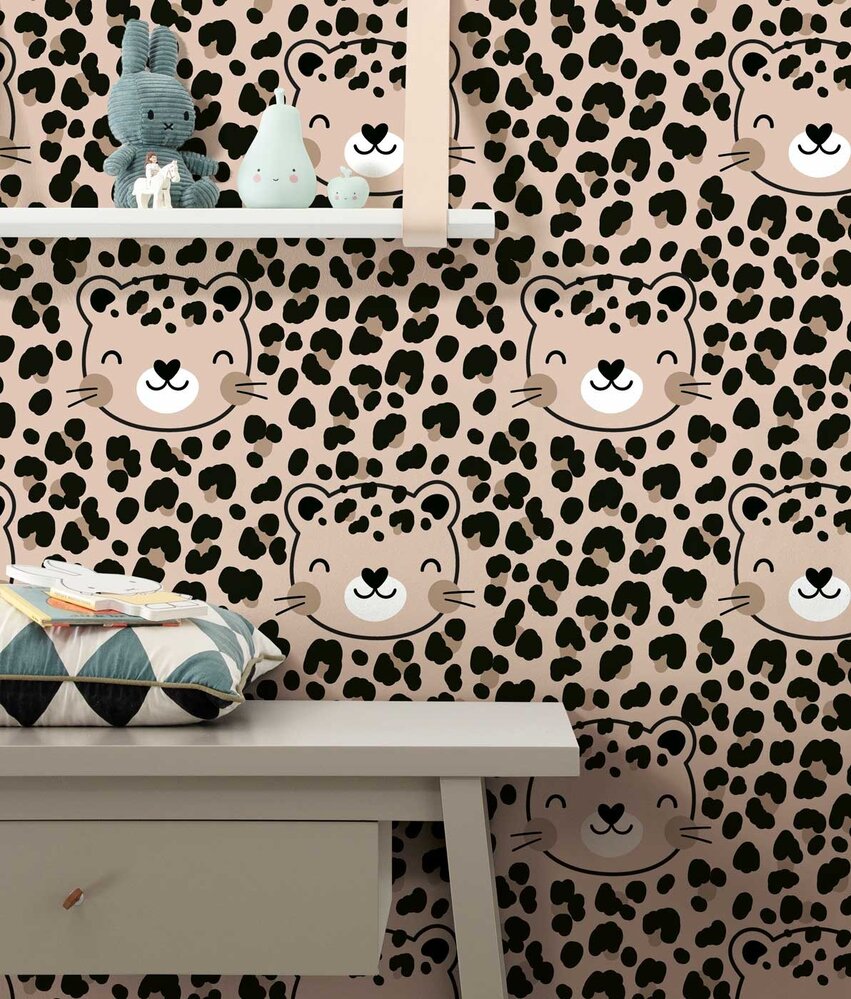 Kinderbehang luipaardprint Safari Dreams, beige, afwasbaar