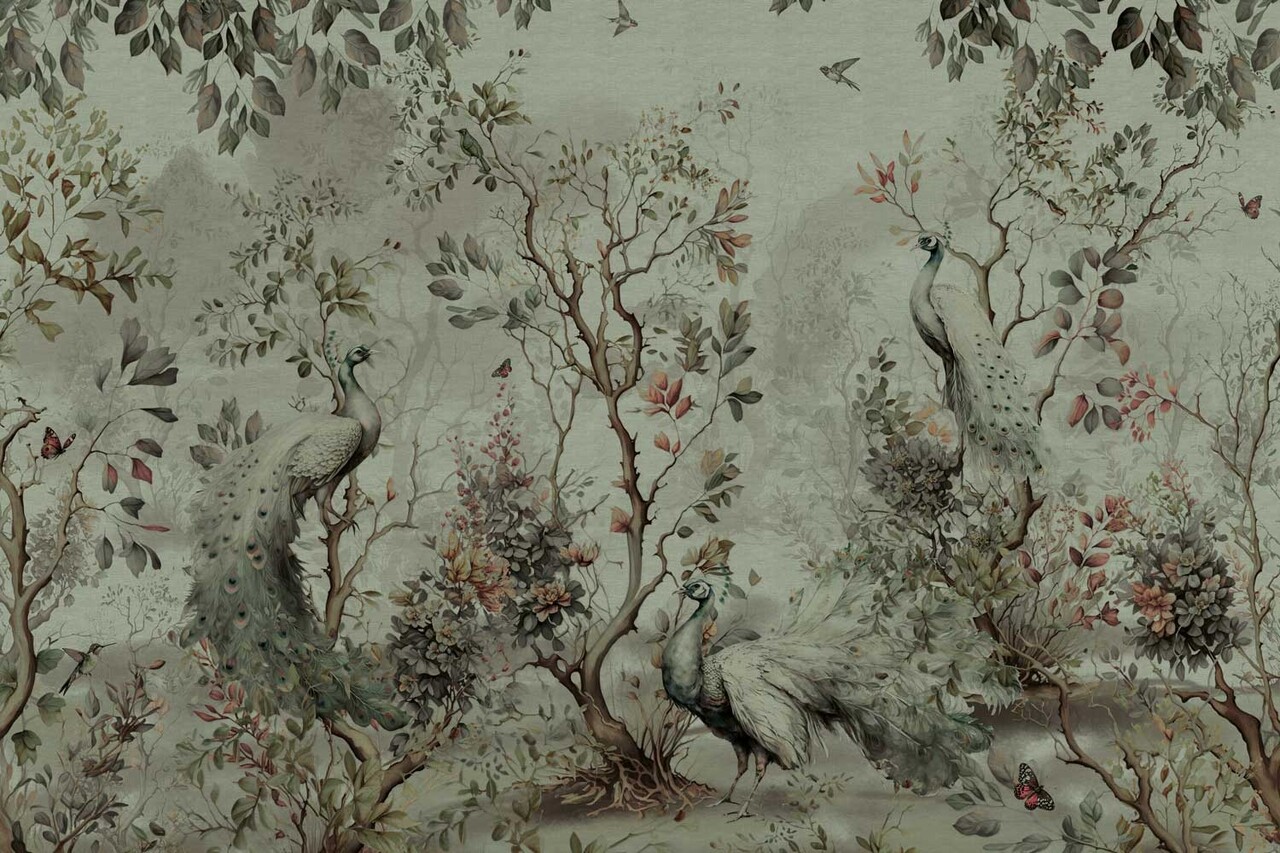 Vintage behang Peacock Garden Delight, afwasbaar Vintage behang Peacock Garden Delight, afwasbaar