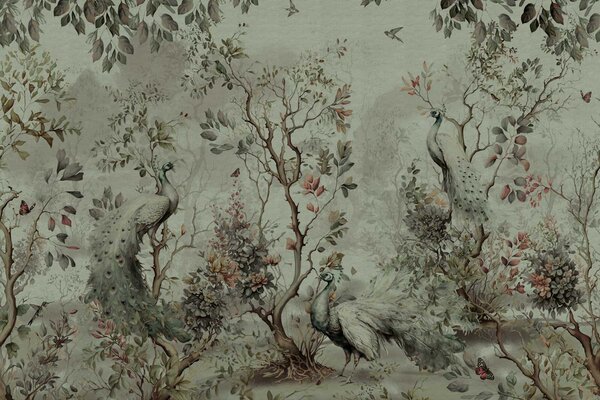 Vintage behang Peacock Garden Delight, afwasbaar Vintage behang Peacock Garden Delight, afwasbaar
