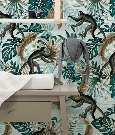 Children's wallpaper Cheeky Monkey Meadows, green, washable Children's wallpaper Cheeky Monkey Meadows, green, washable