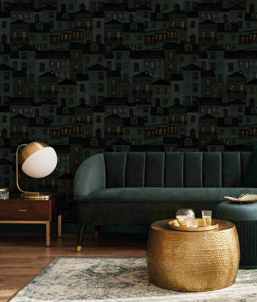 Abstract behang Lisbon Nightscape, zwart, afwasbaar Abstract behang Lisbon Nightscape, zwart, afwasbaar