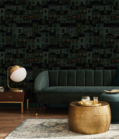 Abstract behang Lisbon Nightscape, zwart, afwasbaar Abstract behang Lisbon Nightscape, zwart, afwasbaar