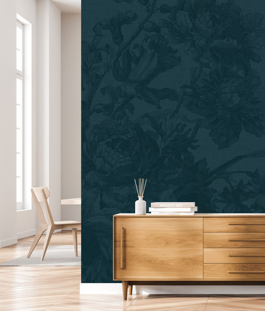 Bloemen behang Old Blossom, blauw, afwasbaar Bloemen behang Old Blossom, blauw, afwasbaar