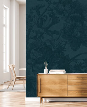 Bloemen behang Old Blossom, blauw, afwasbaar Bloemen behang Old Blossom, blauw, afwasbaar