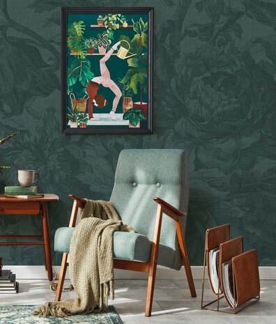 Vintage bloemen behang Old Blossom, petrol, afwasbaar