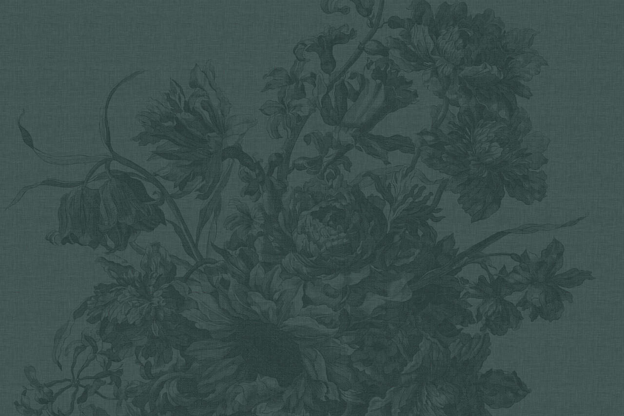 Vintage bloemen behang Old Blossom, petrol, afwasbaar