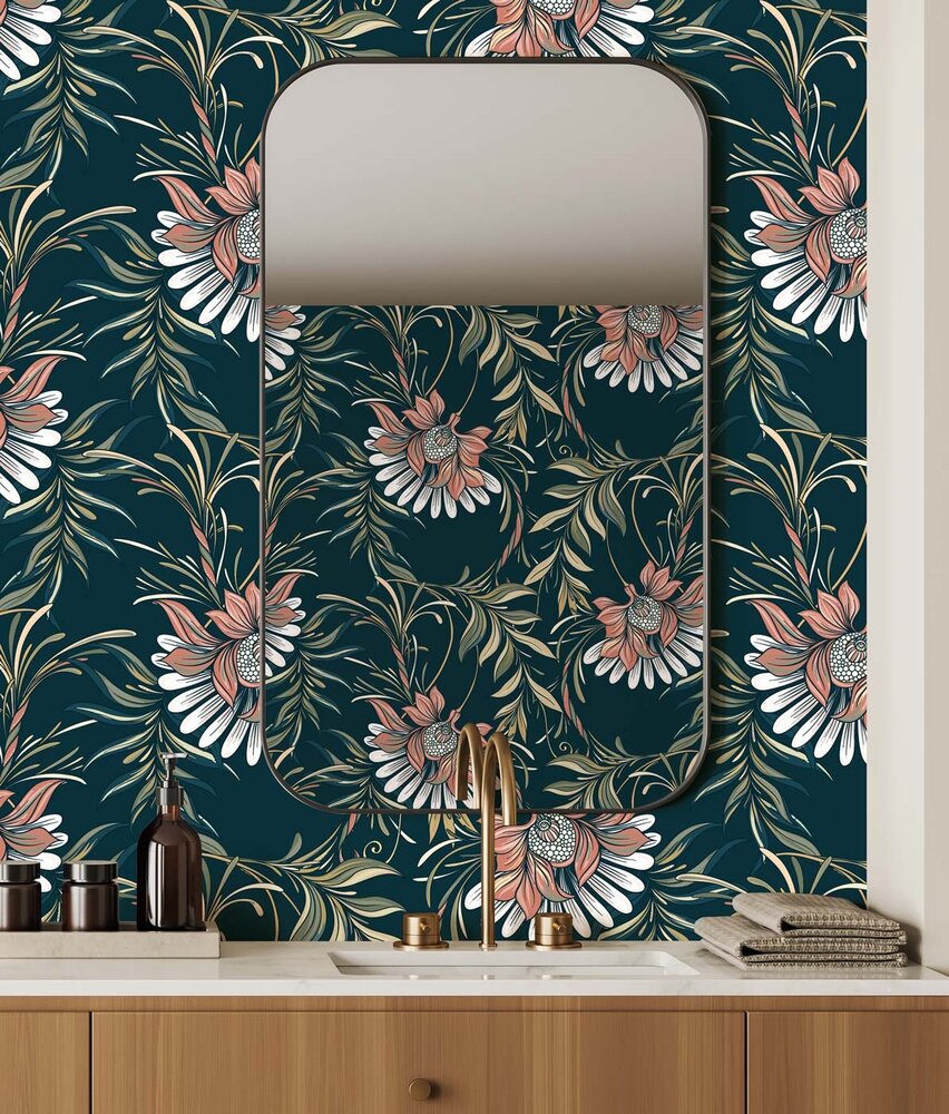 Retro behang Nouveau Floral Harmony, blauw, afwasbaar Retro behang Nouveau Floral Harmony, blauw, afwasbaar