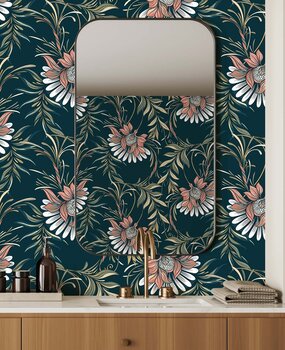 Retro behang Nouveau Floral Harmony, blauw, afwasbaar Retro behang Nouveau Floral Harmony, blauw, afwasbaar