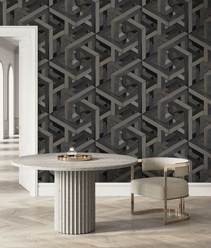 Geometrische Tapete Midnight Labyrinth, grau, waschbar Geometrische Tapete Midnight Labyrinth, grau, waschbar