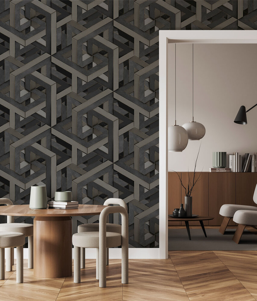 Geometrische Tapete Midnight Labyrinth, grau, waschbar Geometrische Tapete Midnight Labyrinth, grau, waschbar