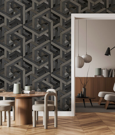 Geometrische Tapete Midnight Labyrinth, grau, waschbar Geometrische Tapete Midnight Labyrinth, grau, waschbar