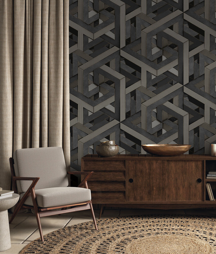 Geometrische Tapete Midnight Labyrinth, grau, waschbar Geometrische Tapete Midnight Labyrinth, grau, waschbar