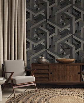 Geometrische Tapete Midnight Labyrinth, grau, waschbar Geometrische Tapete Midnight Labyrinth, grau, waschbar