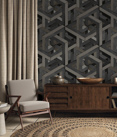 Geometrische Tapete Midnight Labyrinth, grau, waschbar Geometrische Tapete Midnight Labyrinth, grau, waschbar