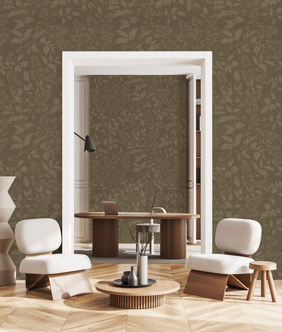 Bladeren behang Rustic Leaf Serenity, bruin, afwasbaar