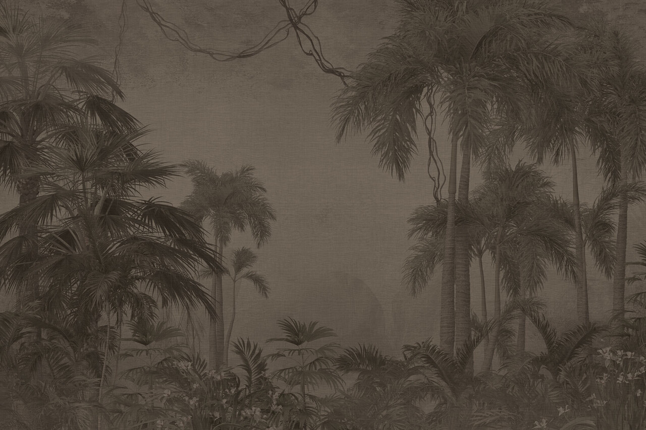 Jungle behang Retro Palm Haven, bruin, afwasbaar Jungle behang Retro Palm Haven, bruin, afwasbaar