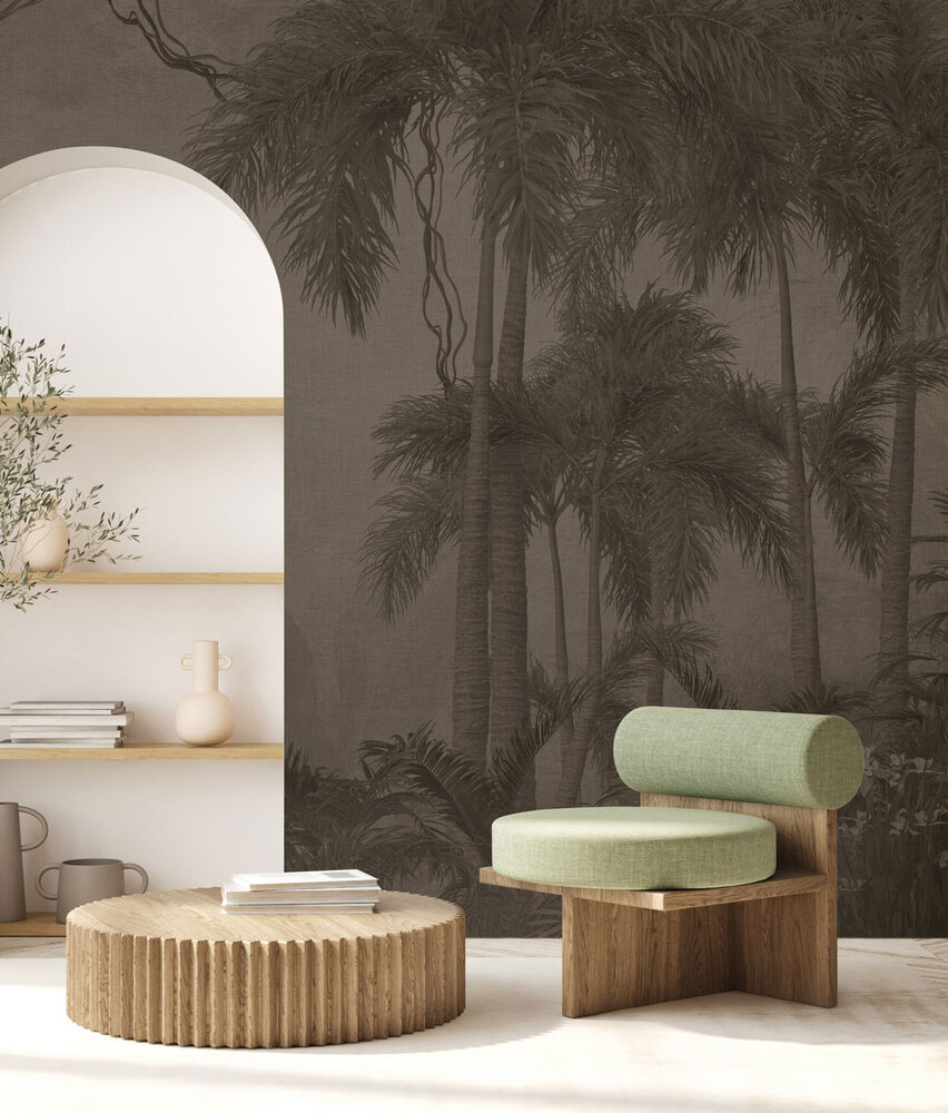 Jungle behang Retro Palm Haven, bruin, afwasbaar Jungle behang Retro Palm Haven, bruin, afwasbaar