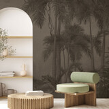 Jungle behang Retro Palm Haven, bruin, afwasbaar Jungle behang Retro Palm Haven, bruin, afwasbaar