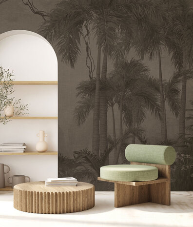 Jungle behang Retro Palm Haven, bruin, afwasbaar Jungle behang Retro Palm Haven, bruin, afwasbaar