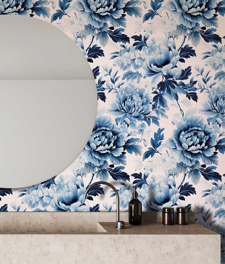 Bloemen behang Classic Blue Charm, blauw, afwasbaar Bloemen behang Classic Blue Charm, blauw, afwasbaar