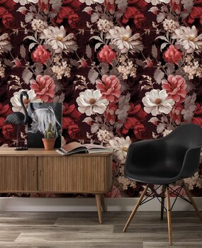 Bloemen behang Bordeaux Floral Delight, afwasbaar Bloemen behang Bordeaux Floral Delight, afwasbaar