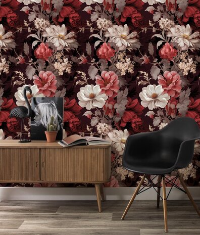 Floral wallpaper Bordeaux Floral Delight, washable