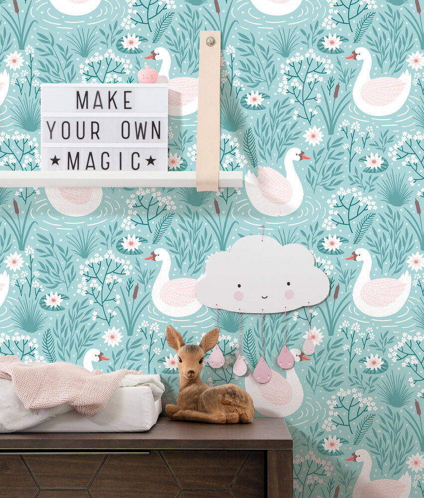 Kindertapete Blue Swan Dreams, blau, waschbar Kindertapete Blue Swan Dreams, blau, waschbar