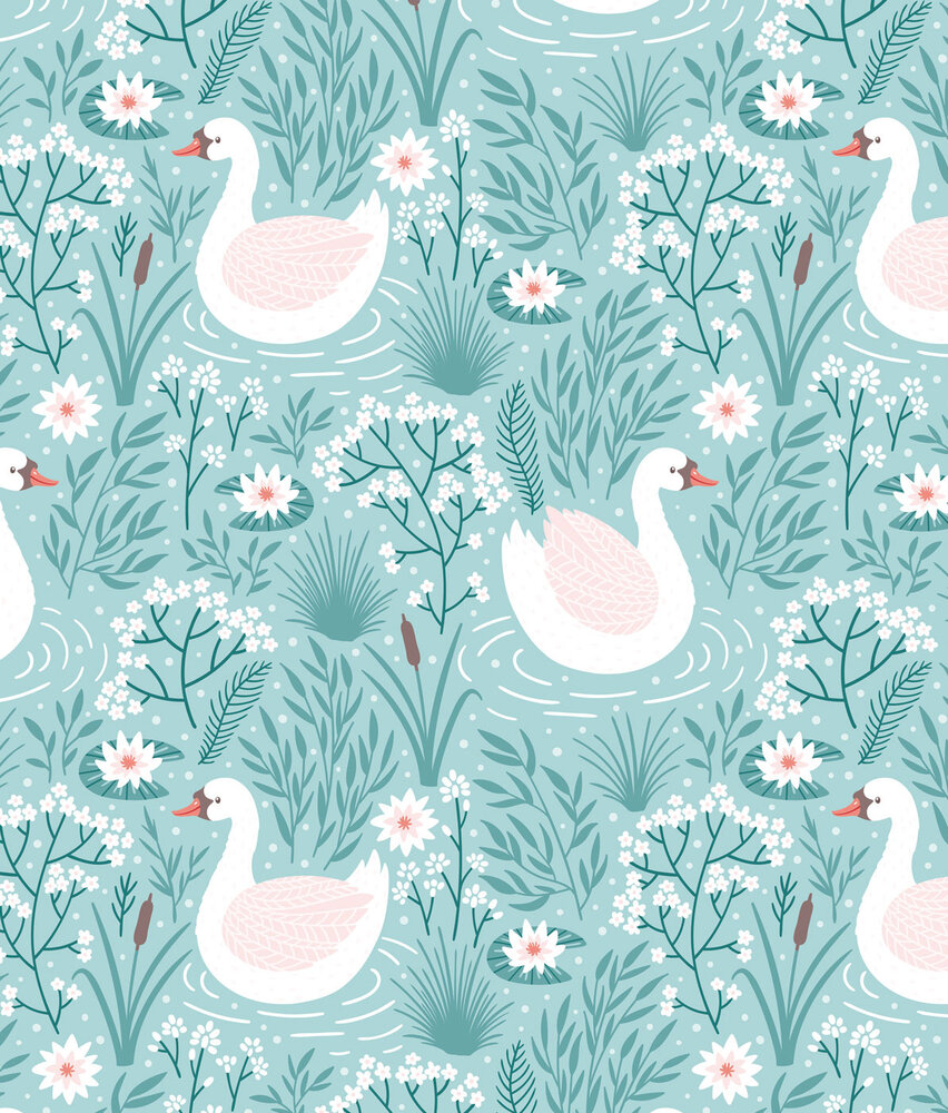 Kinderbehang Blue Swan Dreams, blauw, afwasbaar