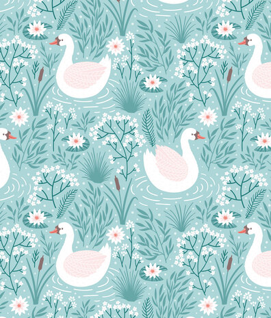 Kinderbehang Blue Swan Dreams, blauw, afwasbaar