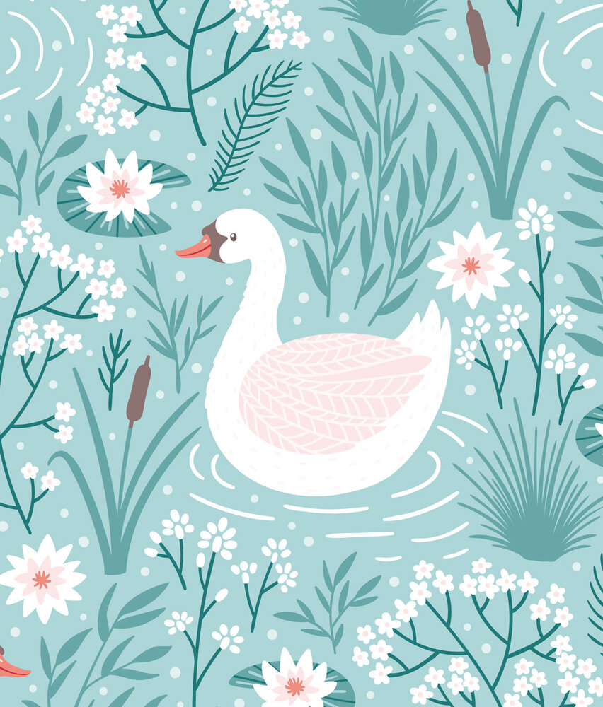 Kinderbehang Blue Swan Dreams, blauw, afwasbaar