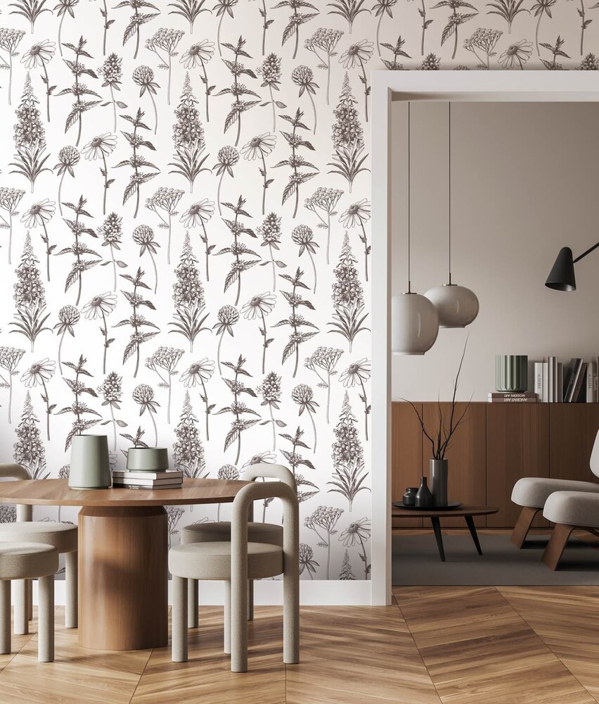 Bloemen behang Artistic Blossom Harmony, wit, afwasbaar Bloemen behang Artistic Blossom Harmony, wit, afwasbaar