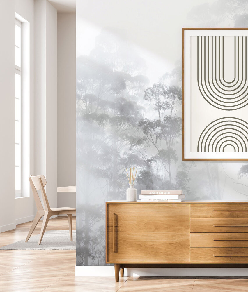 Landschap behang Misty Forest Elegance, afwasbaar Landschap behang Misty Forest Elegance, afwasbaar