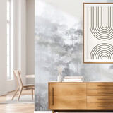 Landschap behang Misty Forest Elegance, afwasbaar Landschap behang Misty Forest Elegance, afwasbaar