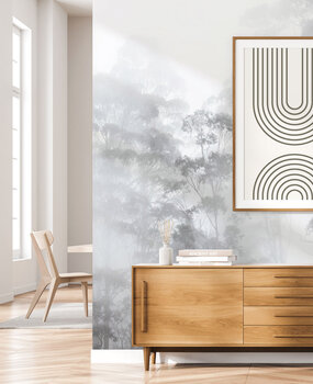 Landschap behang Misty Forest Elegance, afwasbaar Landschap behang Misty Forest Elegance, afwasbaar