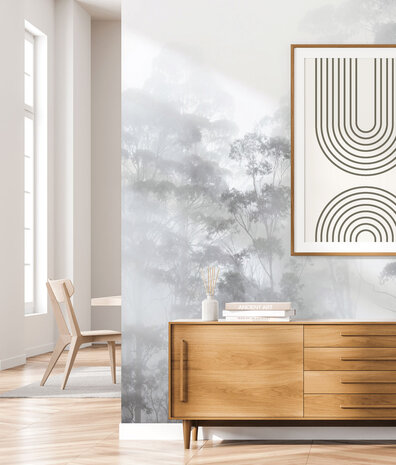 Landschap behang Misty Forest Elegance, afwasbaar Landschap behang Misty Forest Elegance, afwasbaar