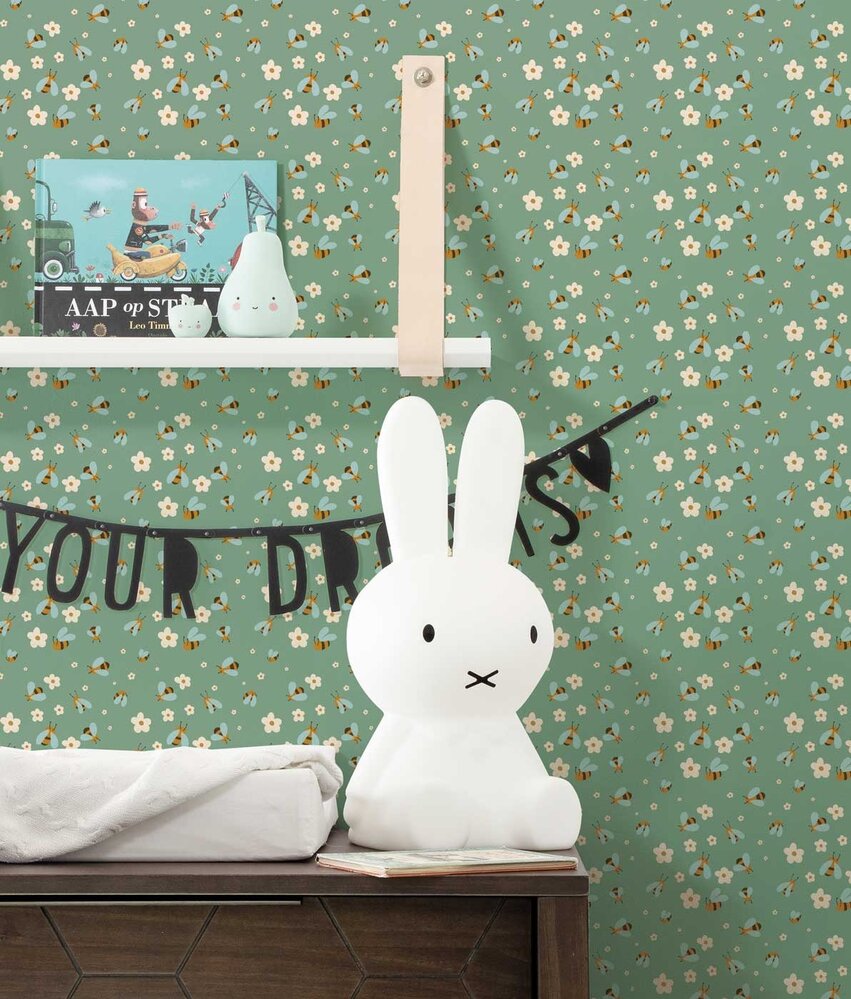 Kinderbehang Adorable Blooms Buzz, groen, afwasbaar Kinderbehang Adorable Blooms Buzz, groen, afwasbaar