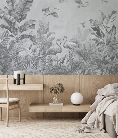 Jungle behang Exotic Paradise, zwart-wit, afwasbaar