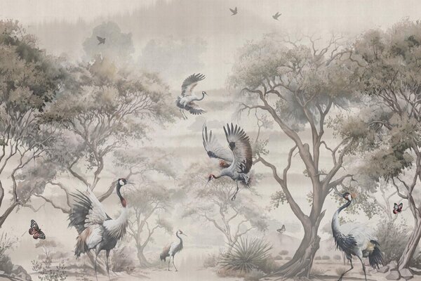 Japandi wallpaper Serenity Crane Vistas, washable Japandi wallpaper Serenity Crane Vistas, washable