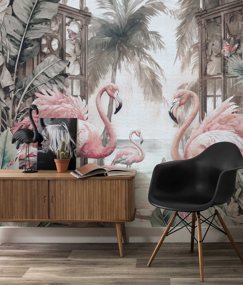 Jungle behang Flamingo Fiesta Bliss, afwasbaar Jungle behang Flamingo Fiesta Bliss, afwasbaar