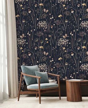 Bloemen behang Floral Elegance, zwart, afwasbaar Bloemen behang Floral Elegance, zwart, afwasbaar