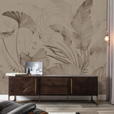 Behang Japandi Leaf Harmony, zand, afwasbaar Behang Japandi Leaf Harmony, zand, afwasbaar