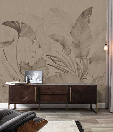Behang Japandi Leaf Harmony, zand, afwasbaar Behang Japandi Leaf Harmony, zand, afwasbaar
