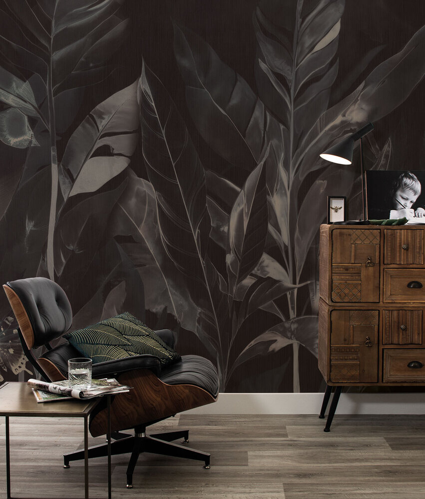 Bladeren behang Bold Black Foliage, zwart, afwasbaar